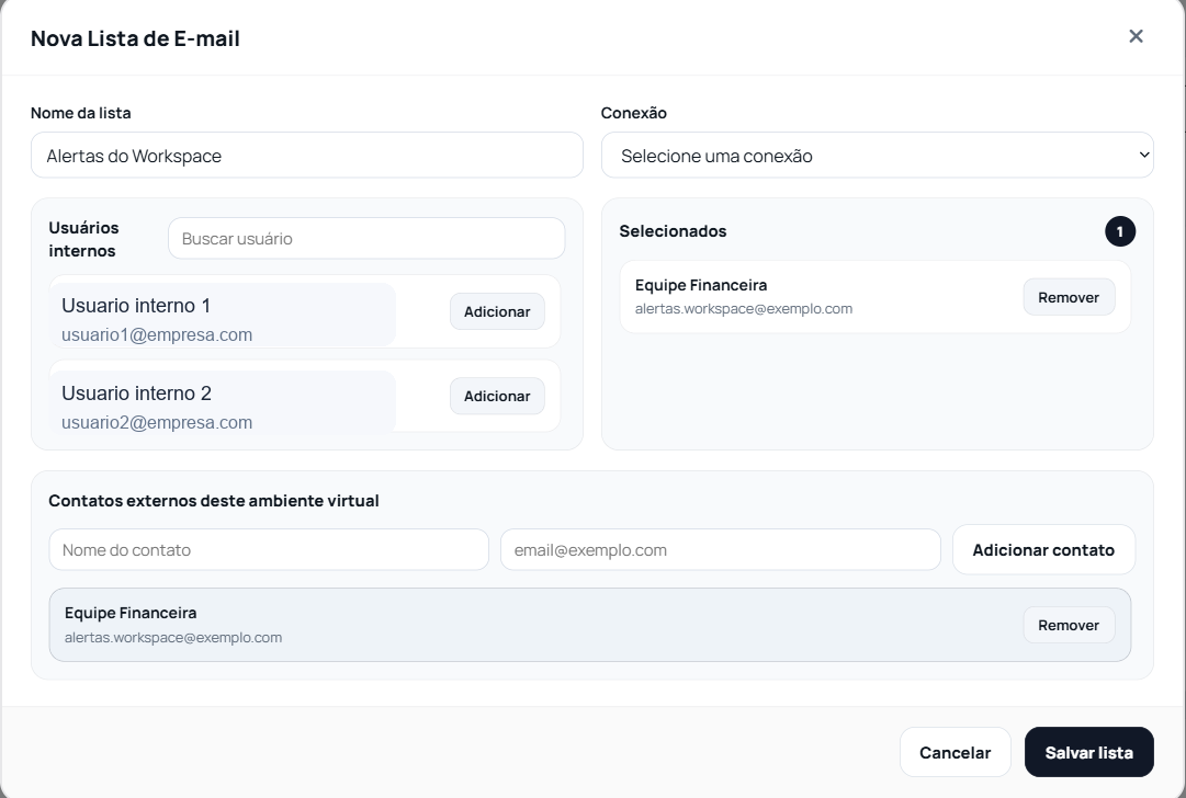 Modal de criação da lista de e-mail do ambiente virtual
