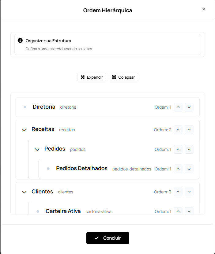 Modal de ordem hierárquica com páginas cadastradas