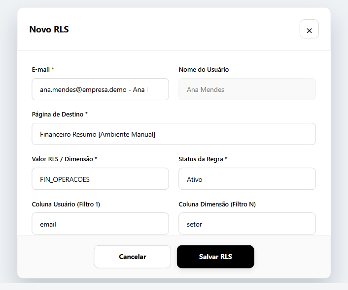Modal de novo RLS preenchido e pronto para salvamento