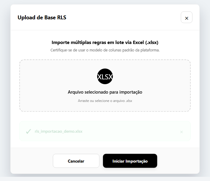 Modal de upload em lote do Gerenciar RLS