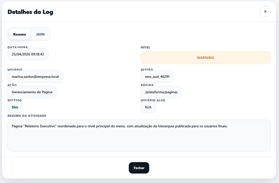 Modal de detalhes do log com a aba Resumo aberta