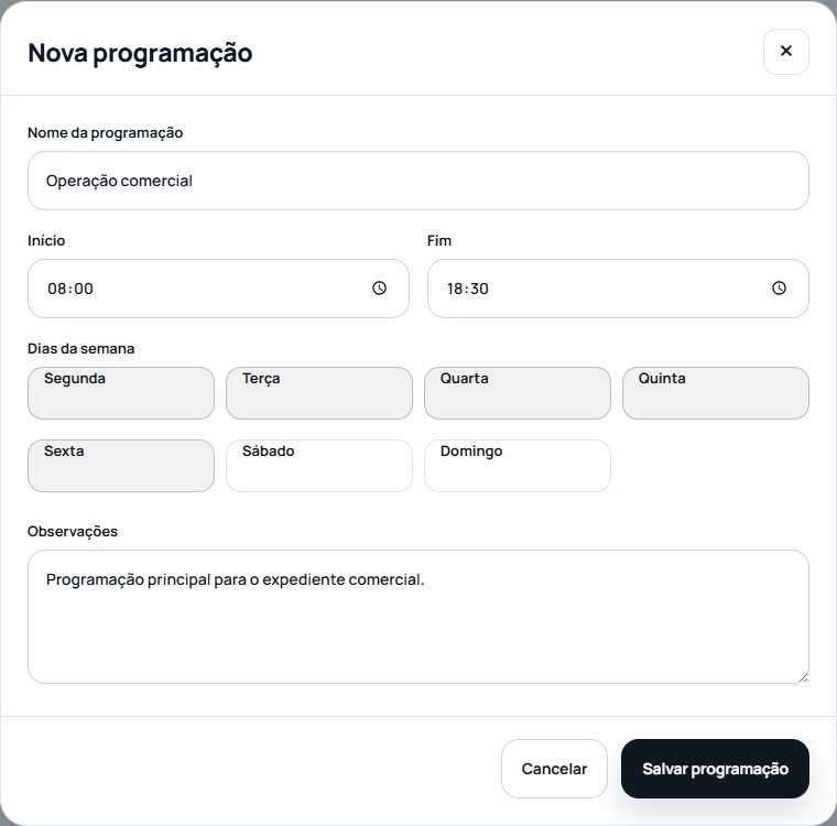 Modal de nova programação de horário